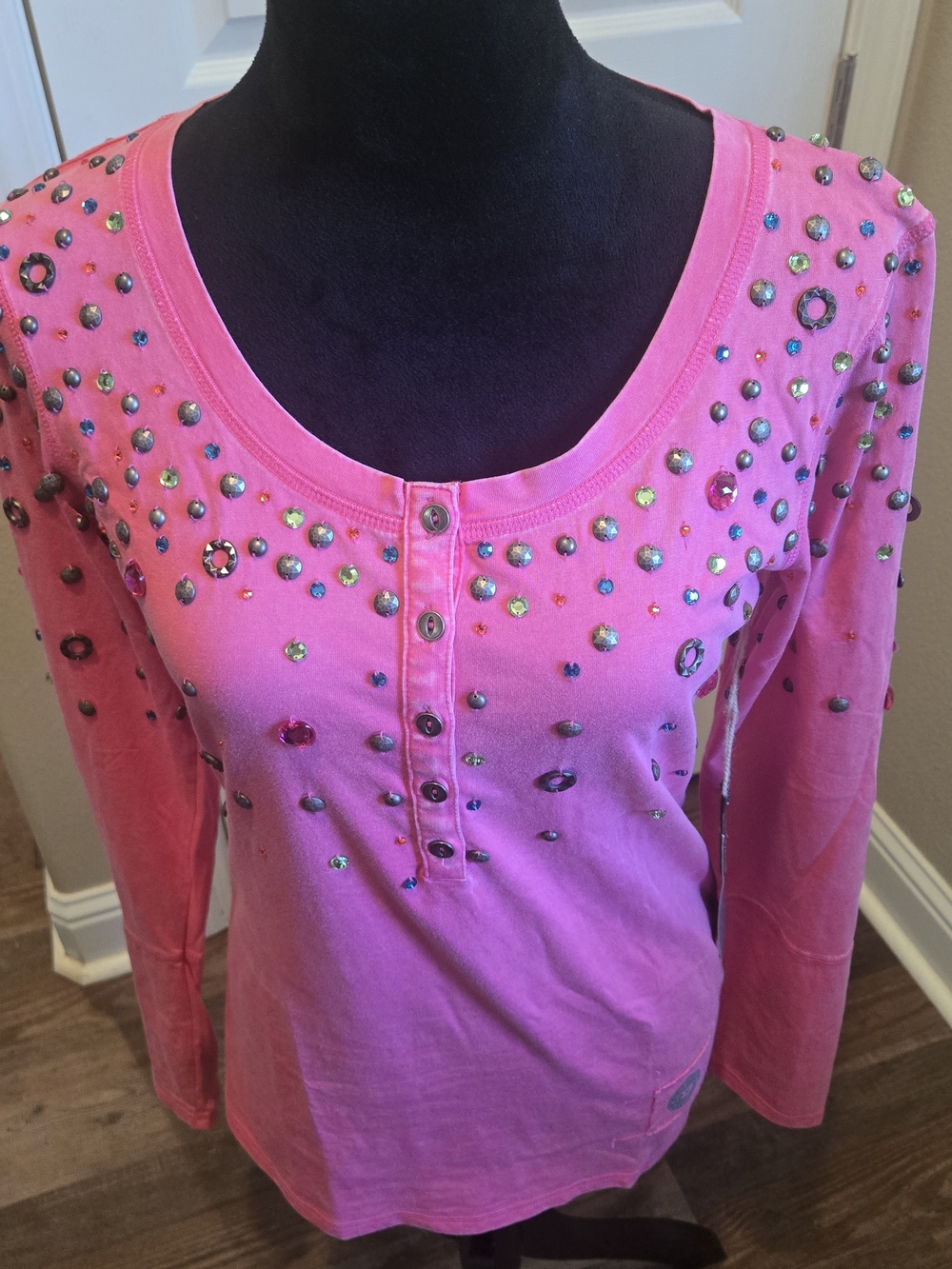 Double D Ranch Hot Pink Crystal Studded Henley Top